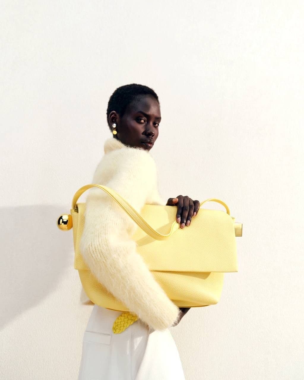 Model holding a luxury designer handbag